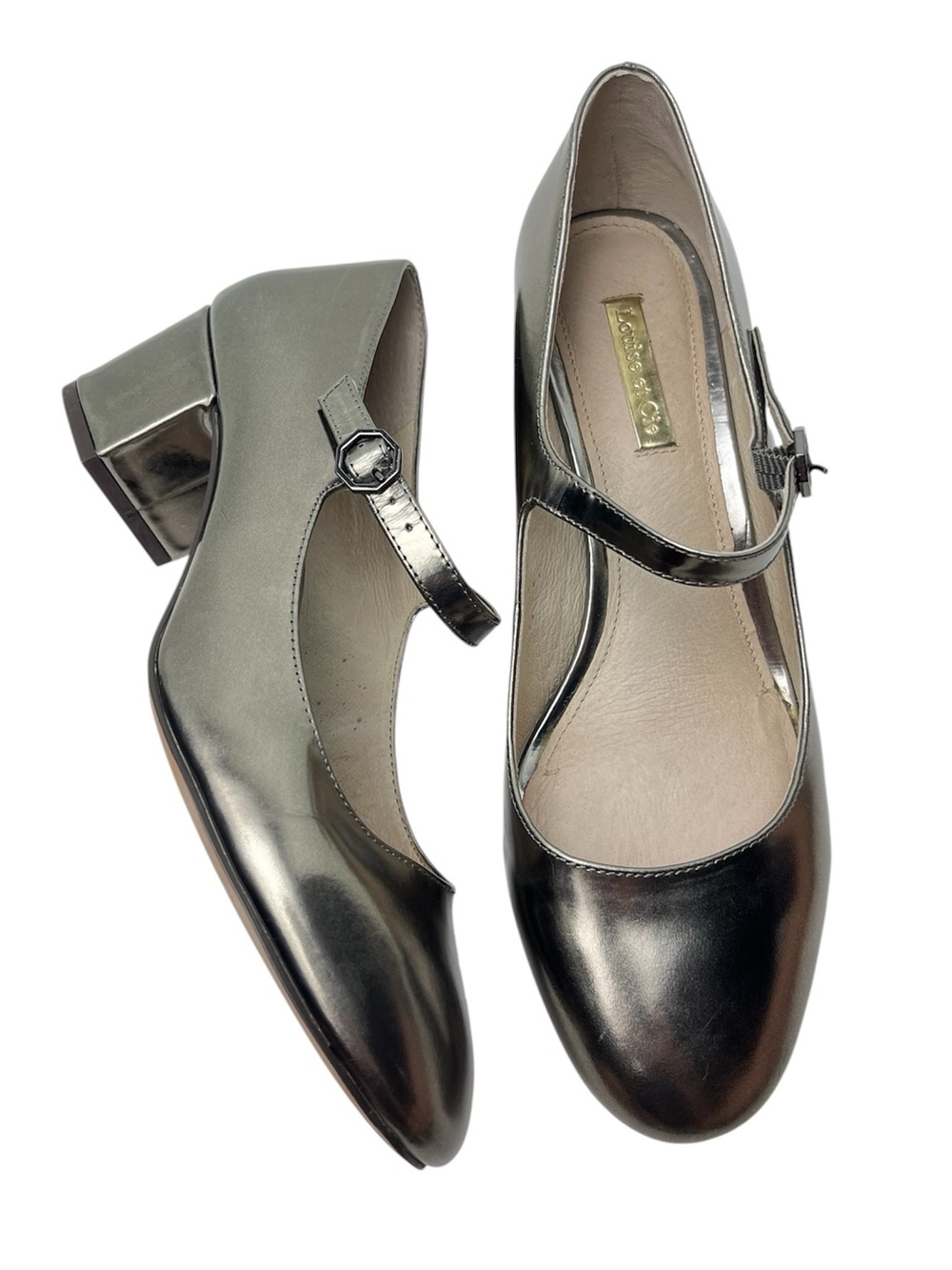 Louise et Cie Pewter/Silver Block Heel Retro Style Mary Jane Dress Shoes